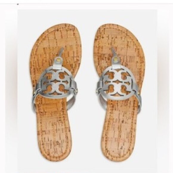 New Tory Burch Metallic Silver Patent leather Cork Miller Sandals Size 8.5 - Picture 1 of 14